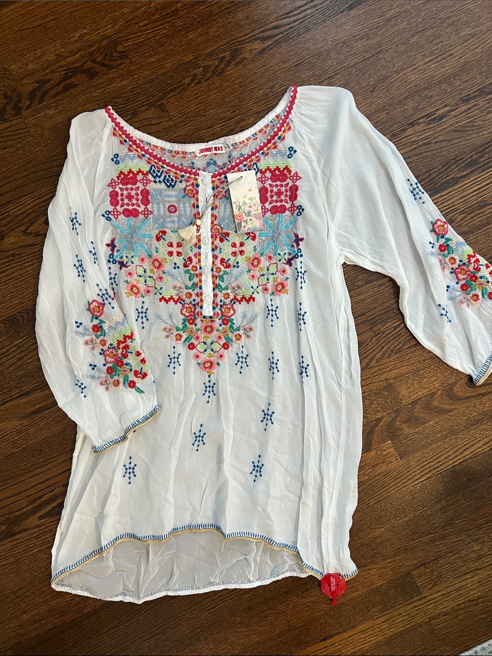 Johnny Was White Embroidered Boho Tunic with Pink, Blue & Green Floral Detail